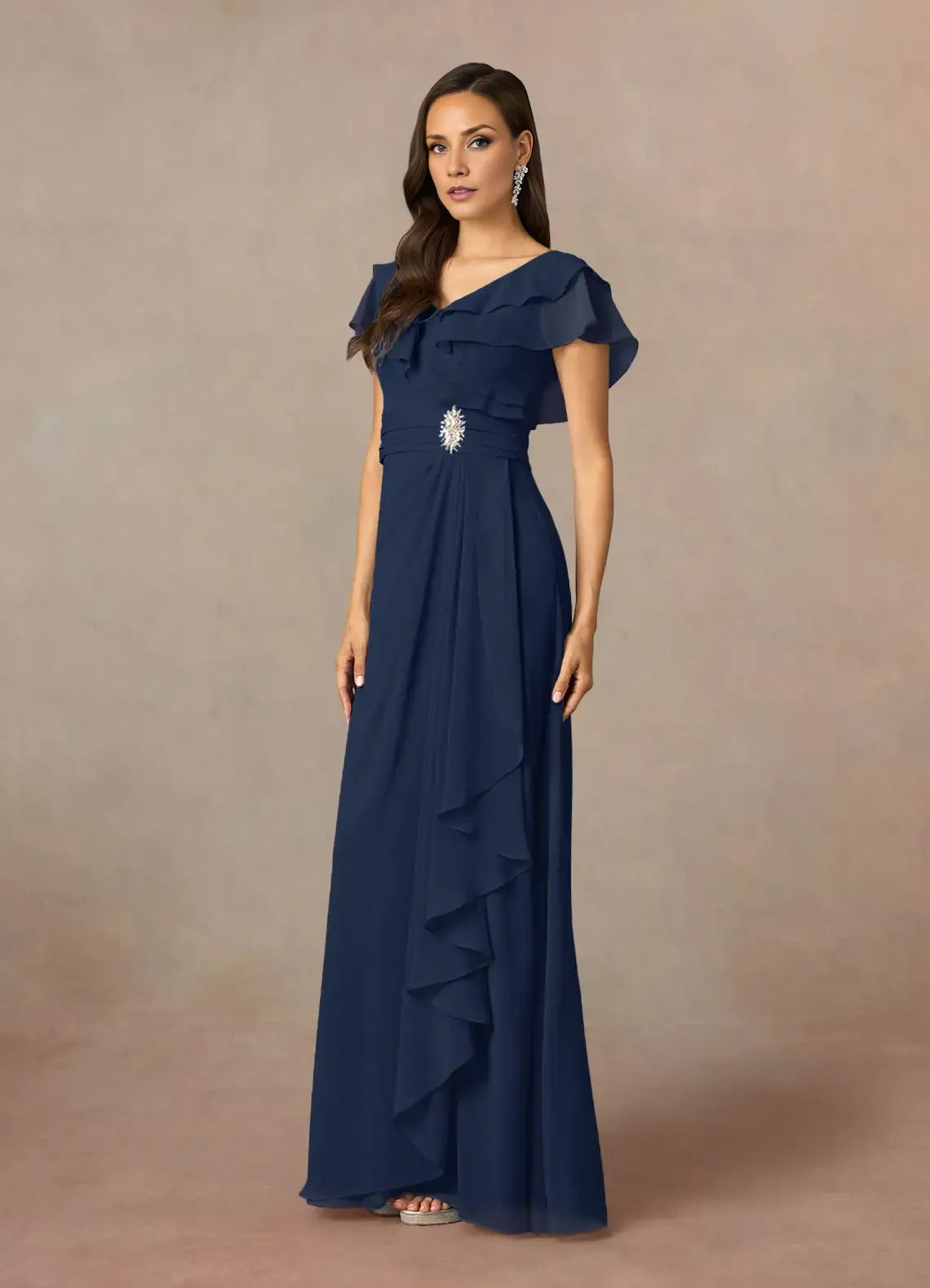 Robe Weitese bleu marine foncé, coupe trapèze, col en V, en mousseline froncée, robe de soirée pour mère de la mariée, élégante, volantée, manches flottantes, dos en V, grande taille 