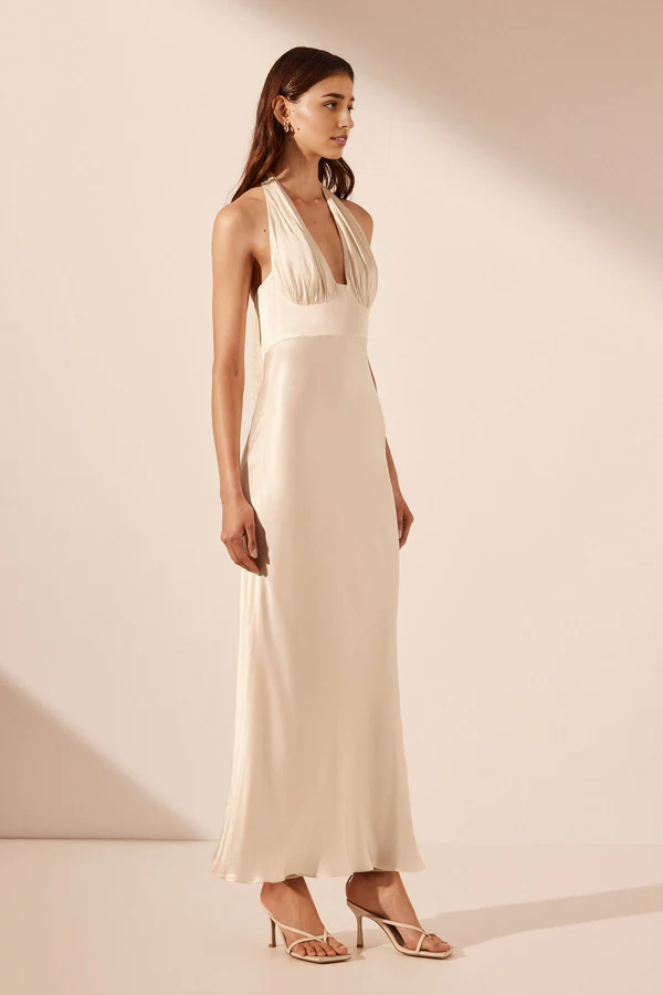 Weitese Dress Deep V Neck Open Back Halter Sleeveless Cream Party Dress Evening Dress