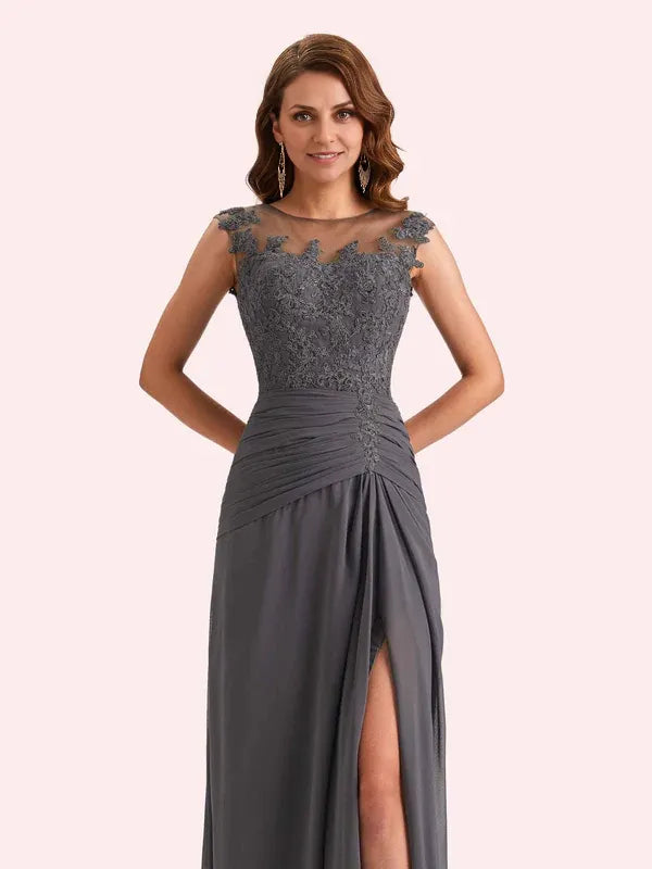 Weitese Dress Elegant A-line Chiffon Side Slit Jewel Long Mother of the Brides Dresses Sleeveless Zipper Up