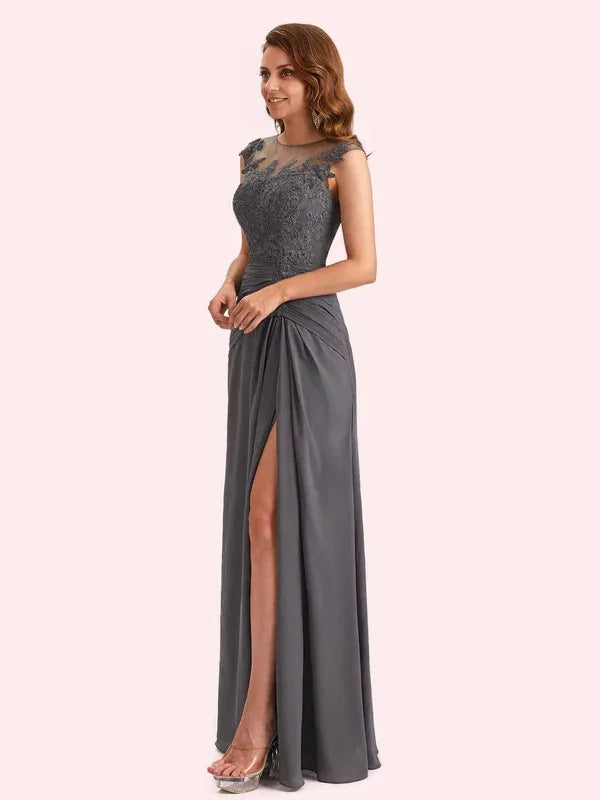 Weitese Dress Elegant A-line Chiffon Side Slit Jewel Long Mother of the Brides Dresses Sleeveless Zipper Up