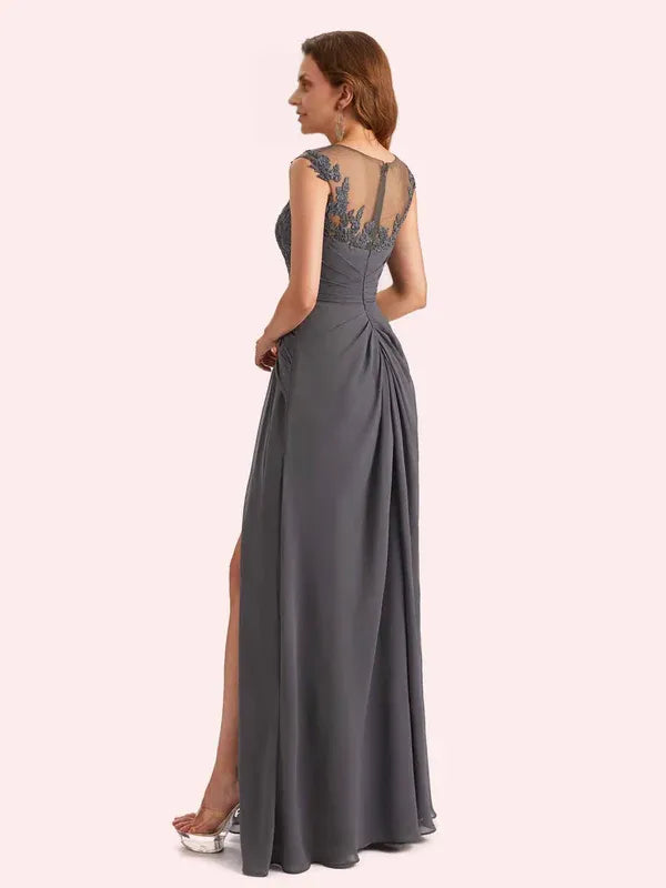 Weitese Dress Elegant A-line Chiffon Side Slit Jewel Long Mother of the Brides Dresses Sleeveless Zipper Up