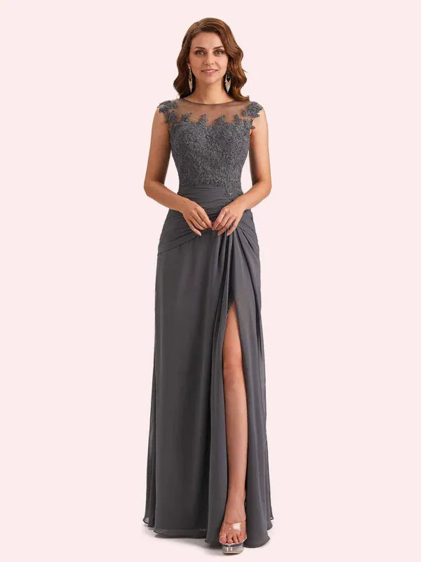 Weitese Dress Elegant A-line Chiffon Side Slit Jewel Long Mother of the Brides Dresses Sleeveless Zipper Up
