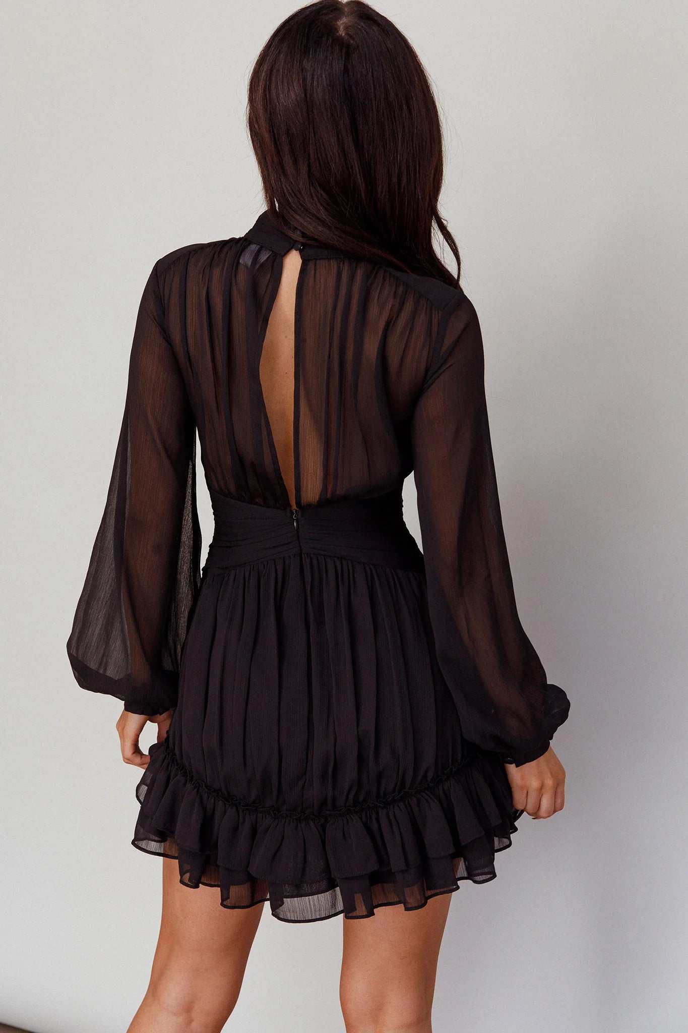 Weitese Dress Elegant White Sheer Dress High Neck Bishop Sleeve Detail Ruffled Hem and Mini Length Homecoming Dress