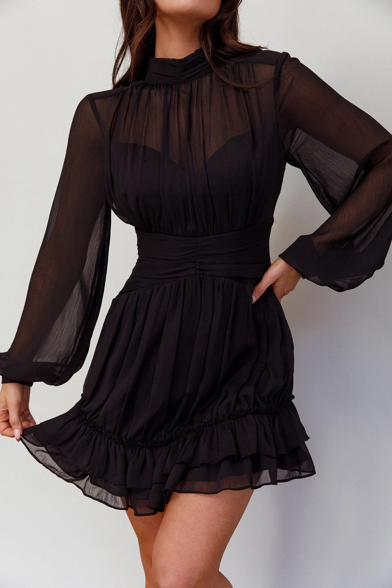 Weitese Dress Elegant White Sheer Dress High Neck Bishop Sleeve Detail Ruffled Hem and Mini Length Homecoming Dress