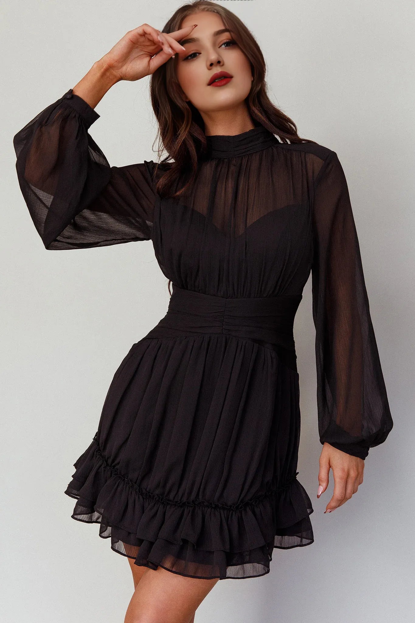 Weitese Dress Elegant White Sheer Dress High Neck Bishop Sleeve Detail Ruffled Hem and Mini Length Homecoming Dress