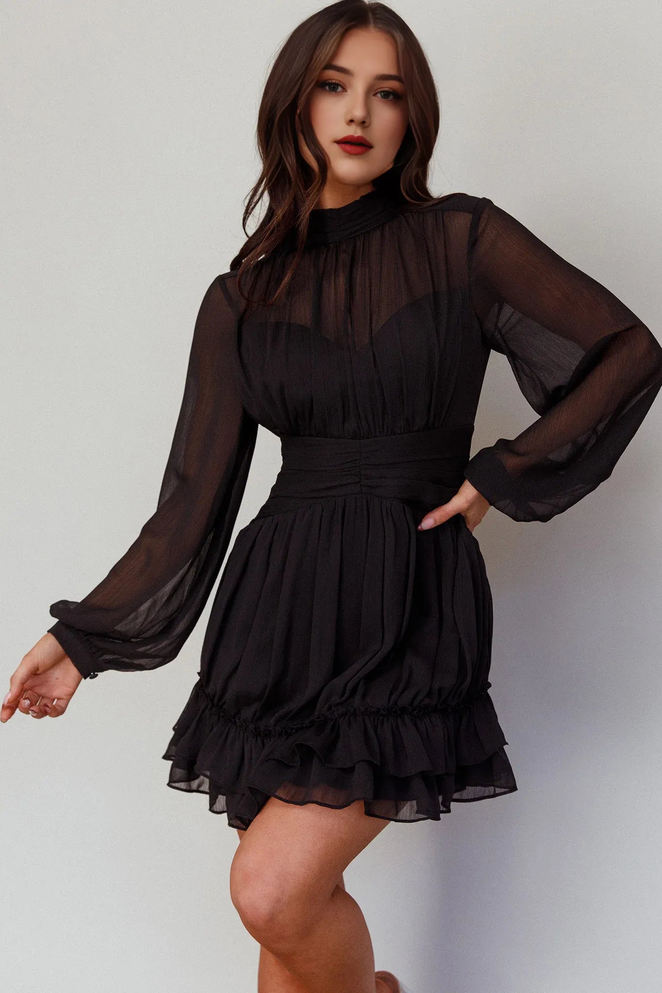 Weitese Dress Elegant White Sheer Dress High Neck Bishop Sleeve Detail Ruffled Hem and Mini Length Homecoming Dress