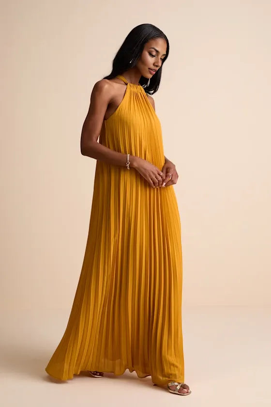 Weitese Dress Elegant Blue Pleated Chiffon Maxi Dress Evening Dress A-line Slit Sleeveless Solid Color Prom Dress