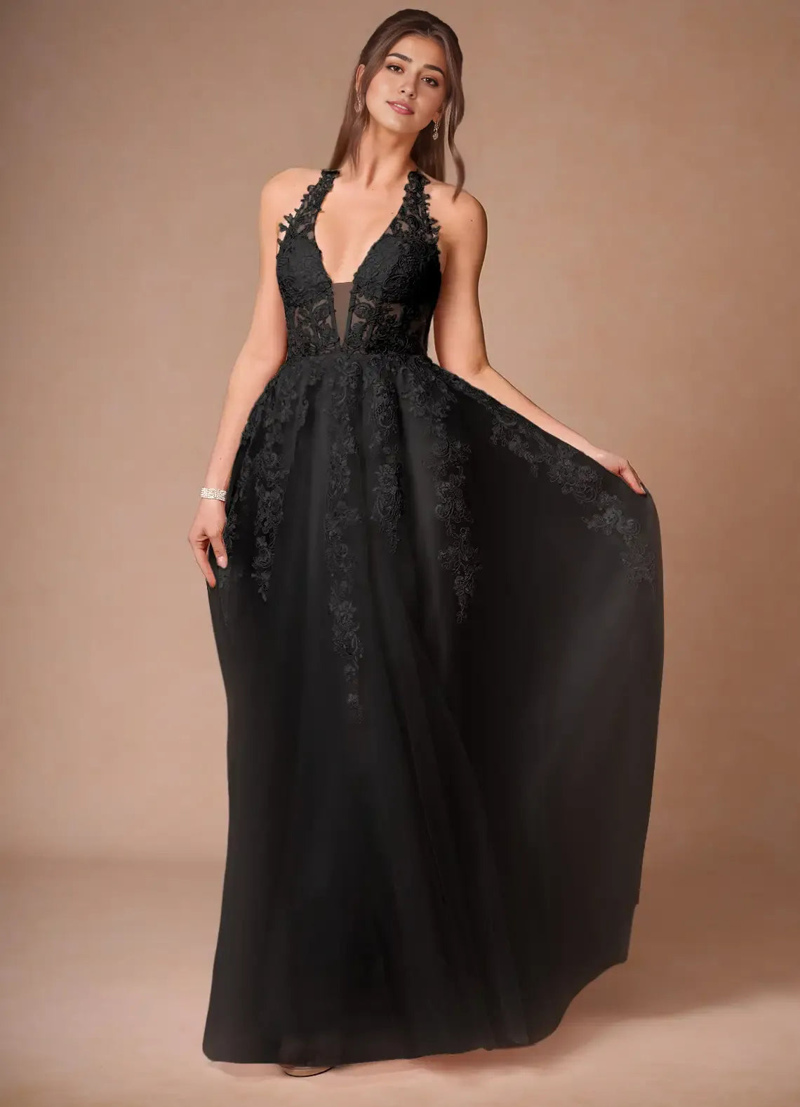 Robe Weitese élégante, col en V, robe longue de bal, sans manches, dos nu, avec appliques, robe de soirée trapèze 