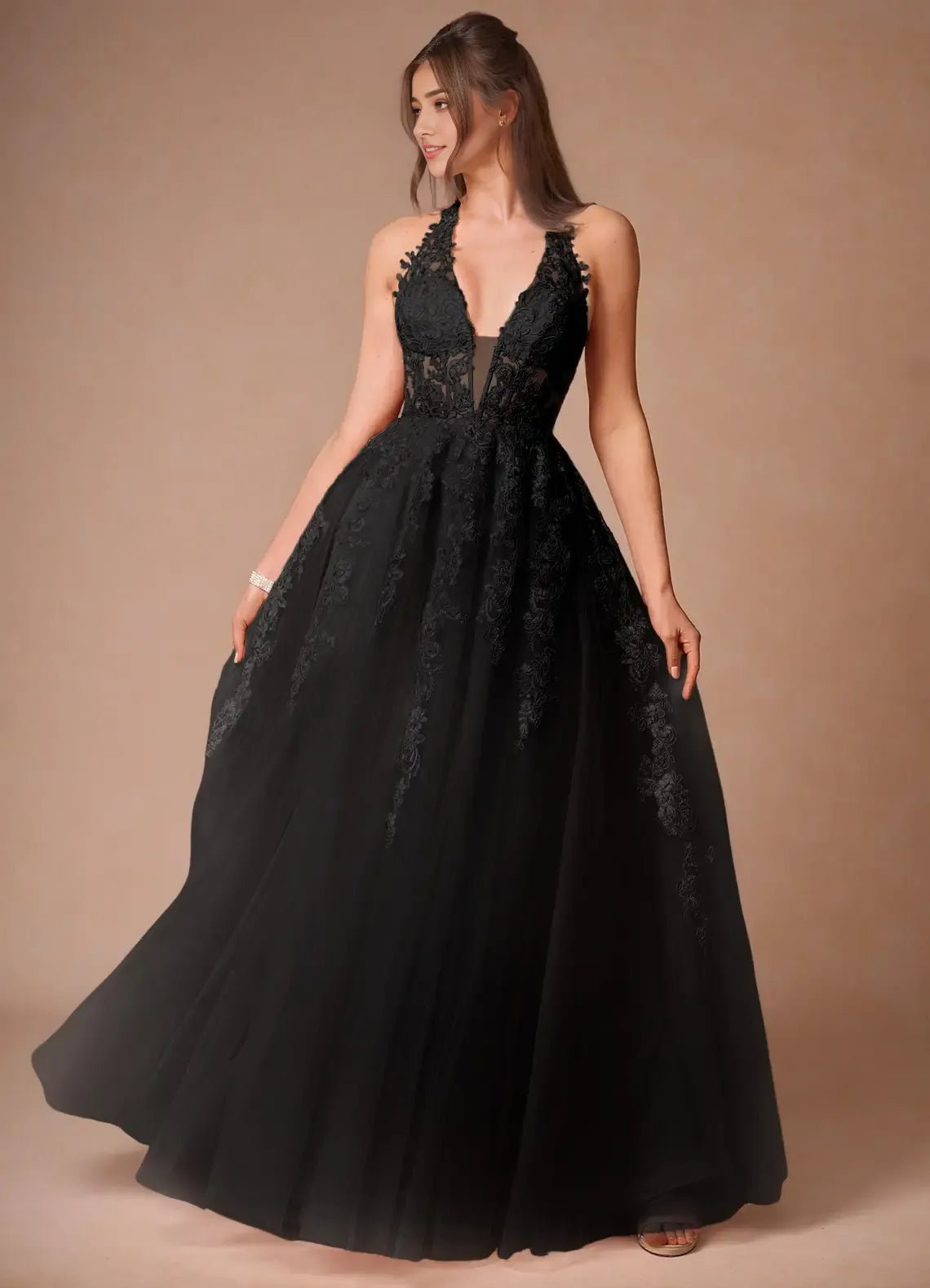 Robe Weitese élégante, col en V, robe longue de bal, sans manches, dos nu, avec appliques, robe de soirée trapèze 