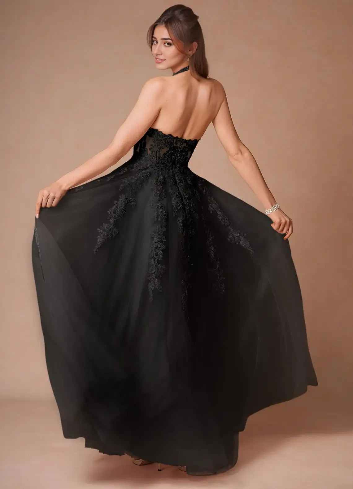 Robe Weitese élégante, col en V, robe longue de bal, sans manches, dos nu, avec appliques, robe de soirée trapèze 