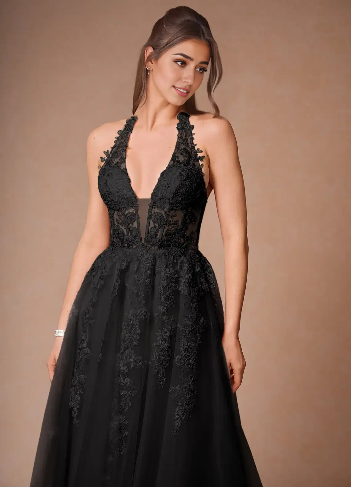 Robe Weitese élégante, col en V, robe longue de bal, sans manches, dos nu, avec appliques, robe de soirée trapèze 