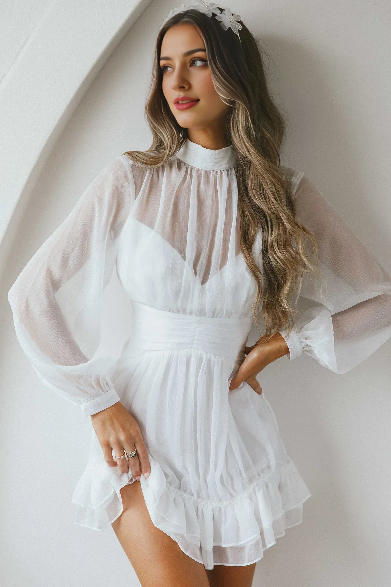 Weitese Dress Elegant White Sheer Dress High Neck Bishop Sleeve Detail Ruffled Hem and Mini Length Homecoming Dress