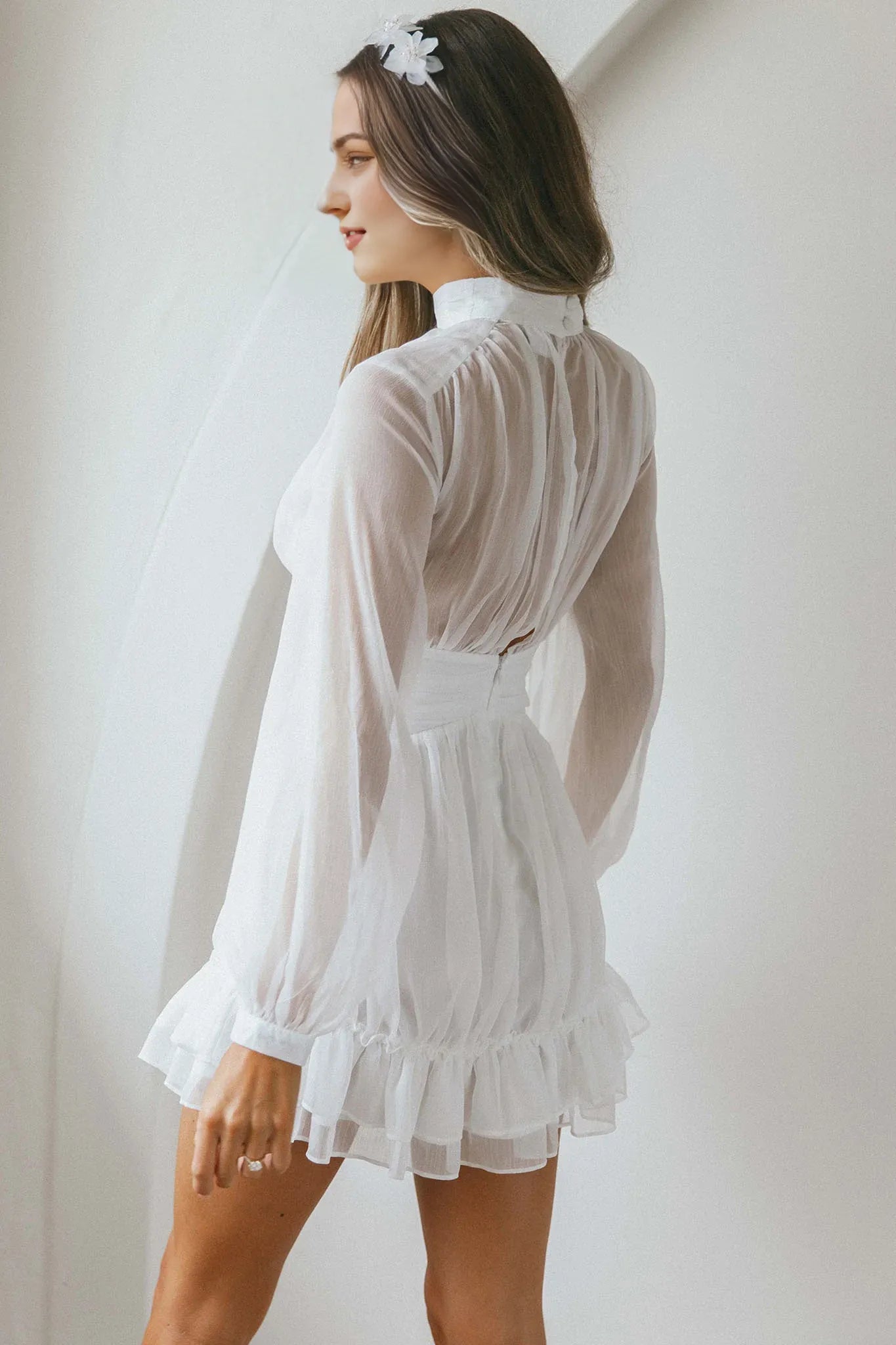 Weitese Dress Elegant White Sheer Dress High Neck Bishop Sleeve Detail Ruffled Hem and Mini Length Homecoming Dress