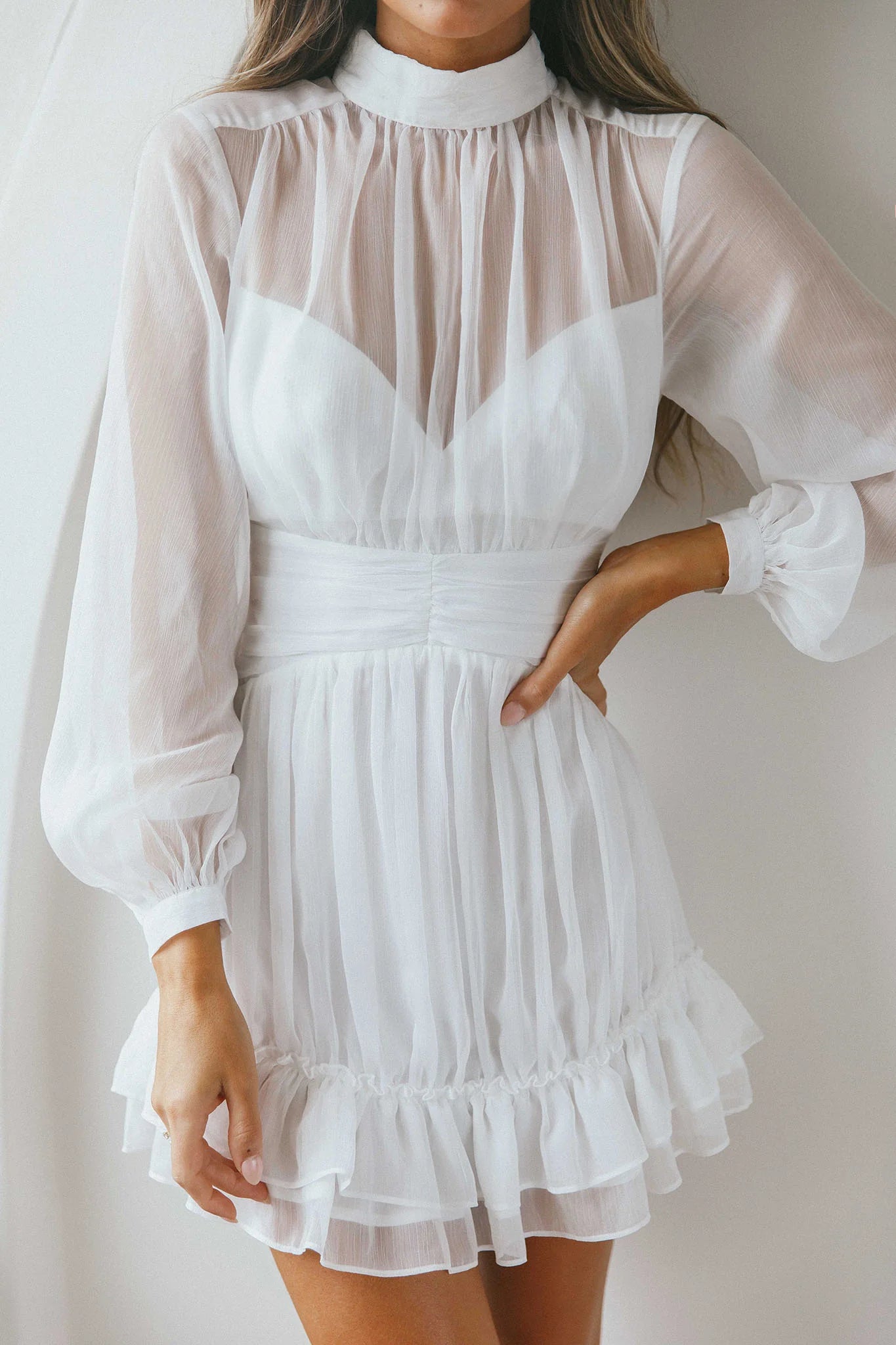 Weitese Dress Elegant White Sheer Dress High Neck Bishop Sleeve Detail Ruffled Hem and Mini Length Homecoming Dress