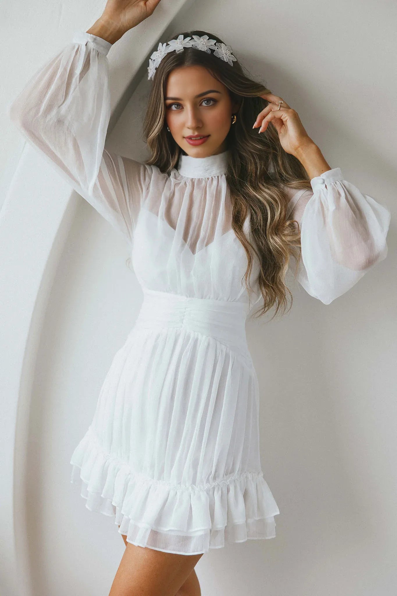 Weitese Dress Elegant White Sheer Dress High Neck Bishop Sleeve Detail Ruffled Hem and Mini Length Homecoming Dress