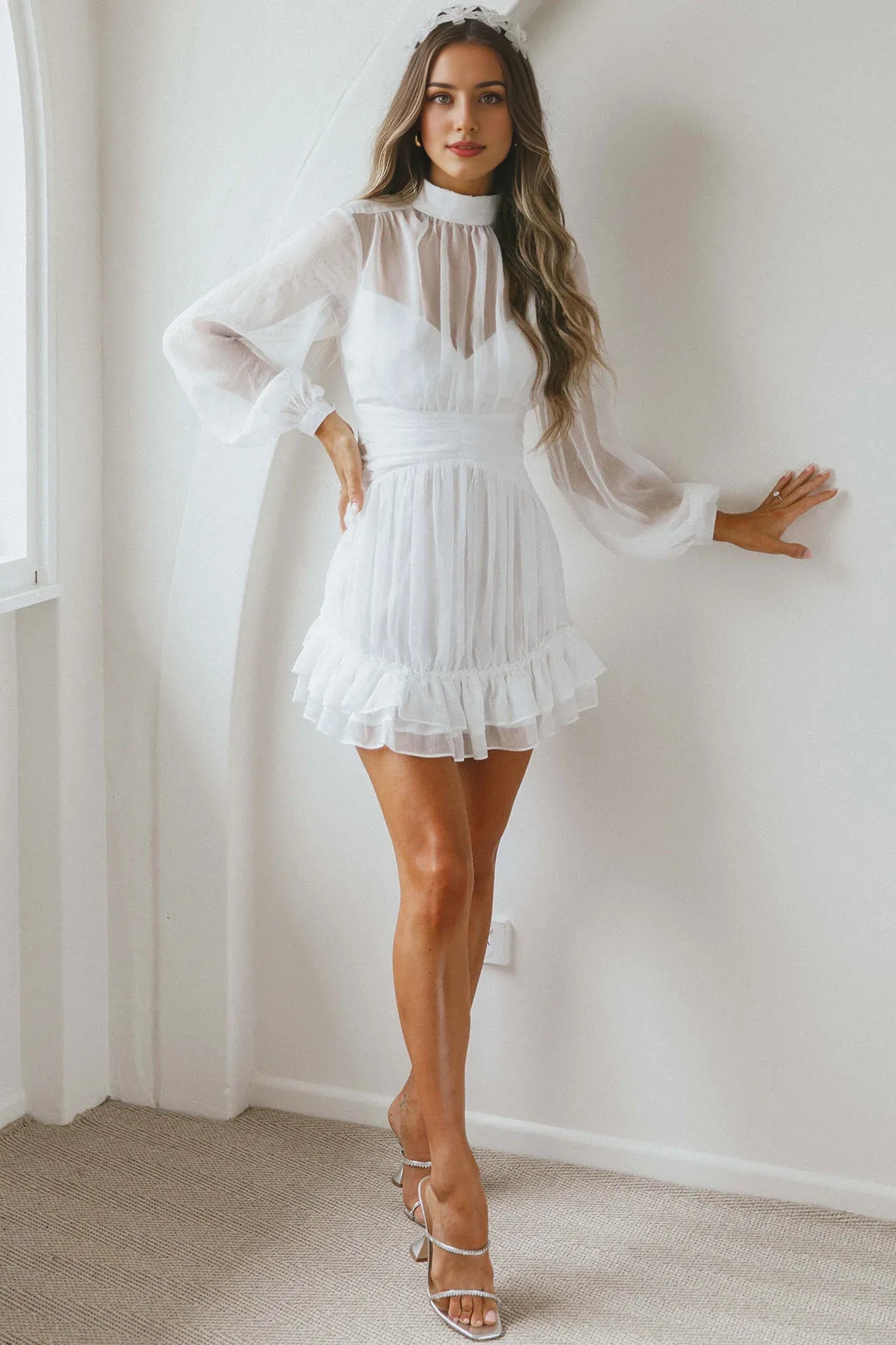Weitese Dress Elegant White Sheer Dress High Neck Bishop Sleeve Detail Ruffled Hem and Mini Length Homecoming Dress