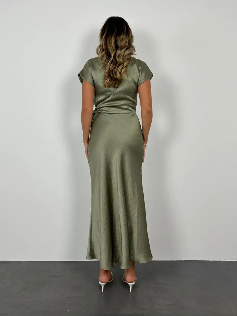 Vestido largo Weitese de moda con escote en V profundo, corte tubo, espalda descubierta, mangas cortas, largo hasta el suelo y abertura. 