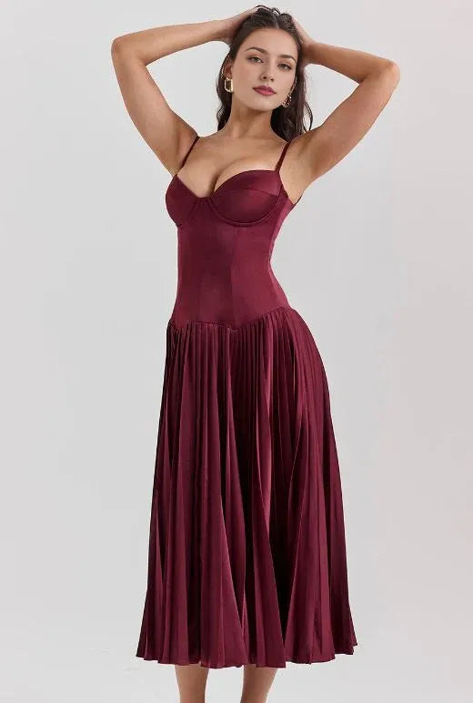 Robe mi-longue plissée en satin à épaules dénudées, sans manches, longueur cheville, robe de bal 