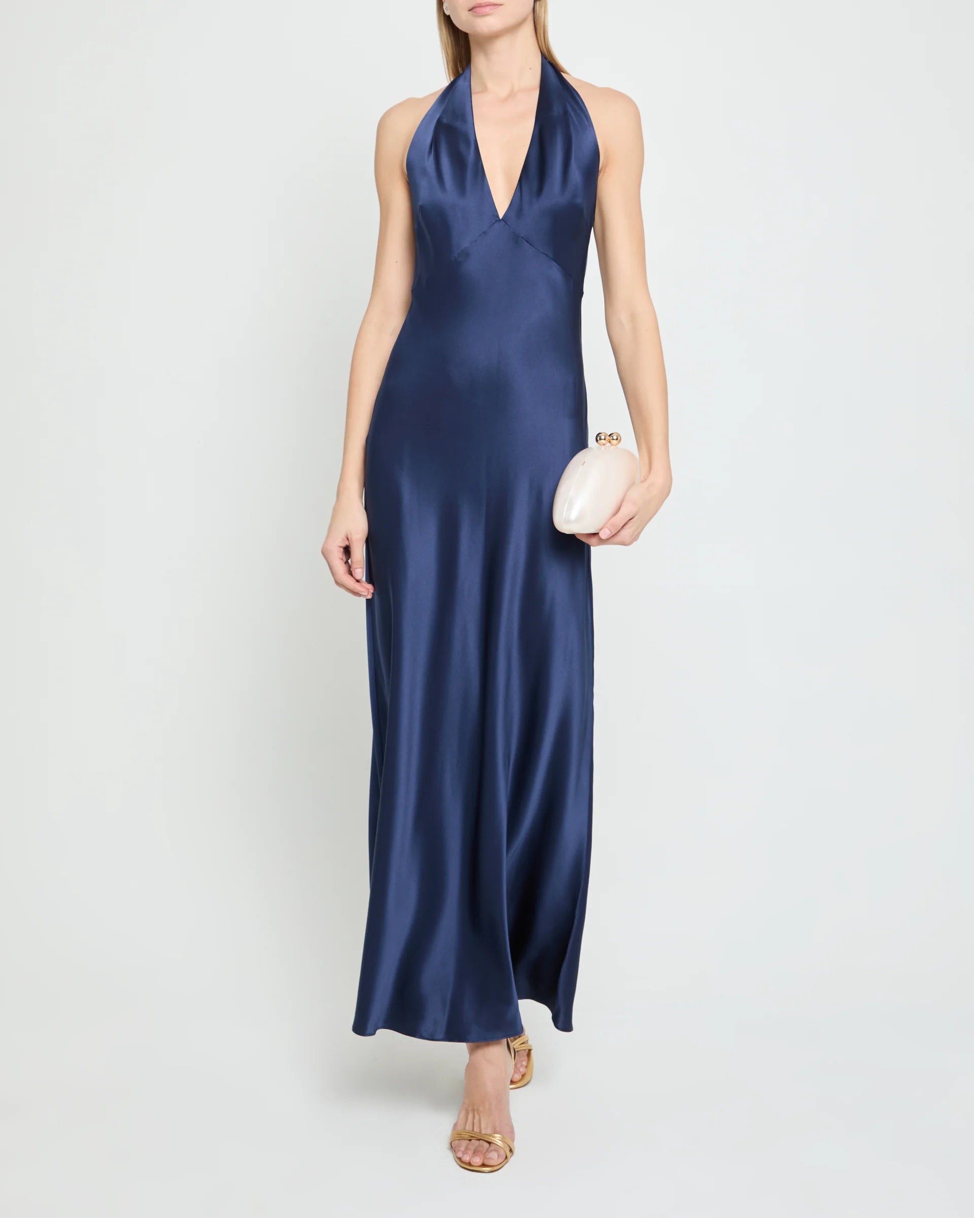 Weitese Dress Fashion Sheath Ankle-Length Sleeveless Party Dresses Halter Neck Satin Solid Color Open Back Evening Dress