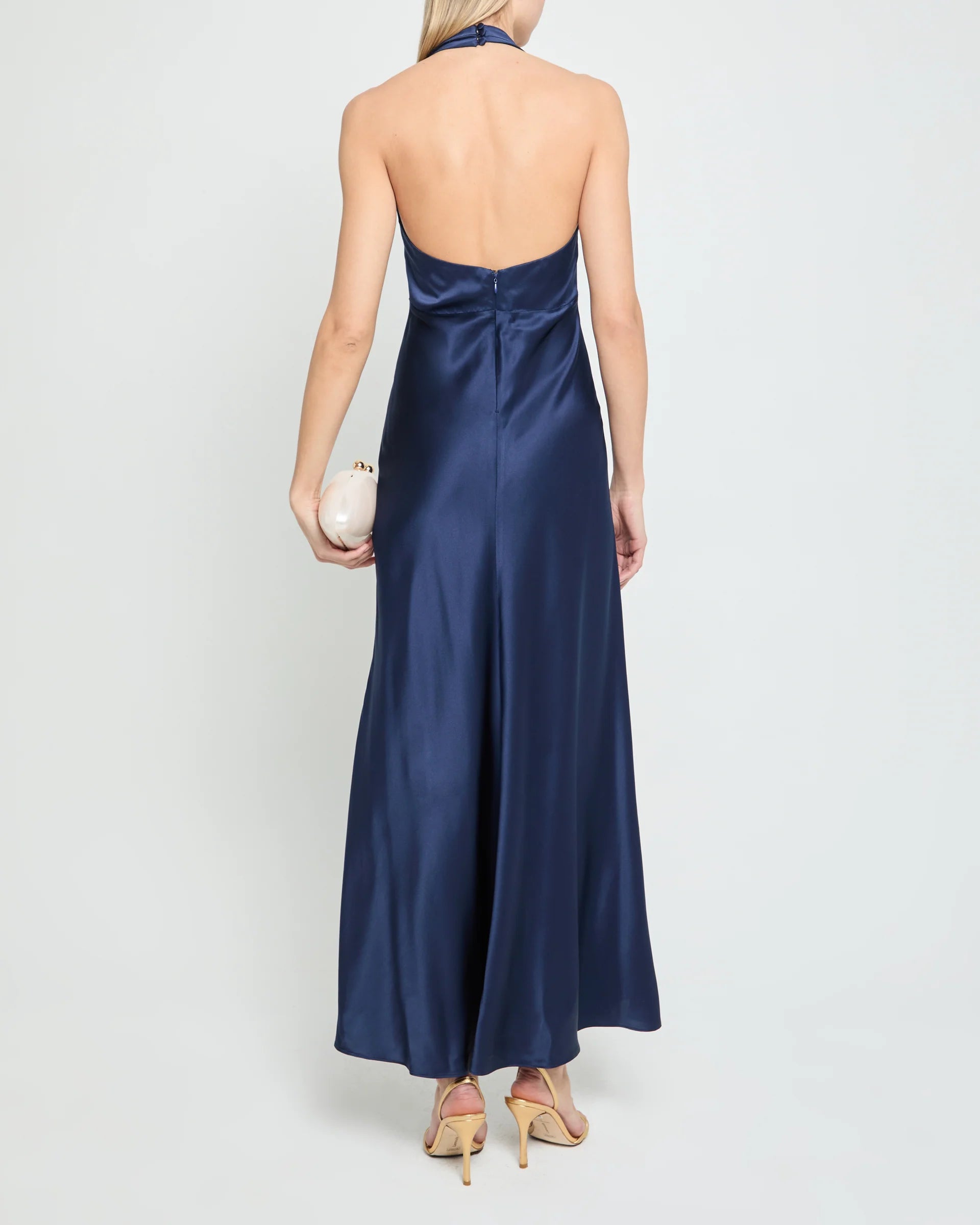 Weitese Dress Fashion Sheath Ankle-Length Sleeveless Party Dresses Halter Neck Satin Solid Color Open Back Evening Dress