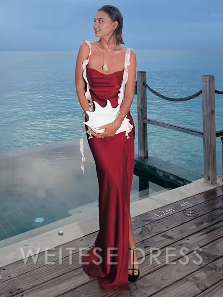 Weitese Dress Fashion Spliced Contrast Ribbon Satin Dress For Women Sexy Backless Sleeveless Side High Split Maxi Robe Lady Chic Party Prom Dress