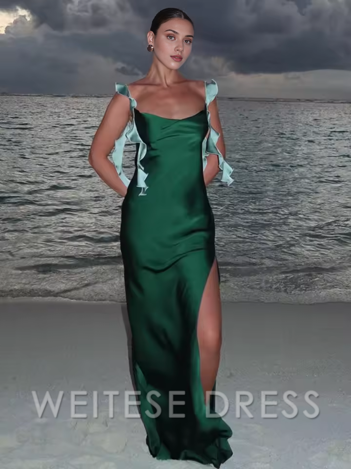 Weitese Dress Fashion Spliced Contrast Ribbon Satin Dress For Women Sexy Backless Sleeveless Side High Split Maxi Robe Lady Chic Party Prom Dress