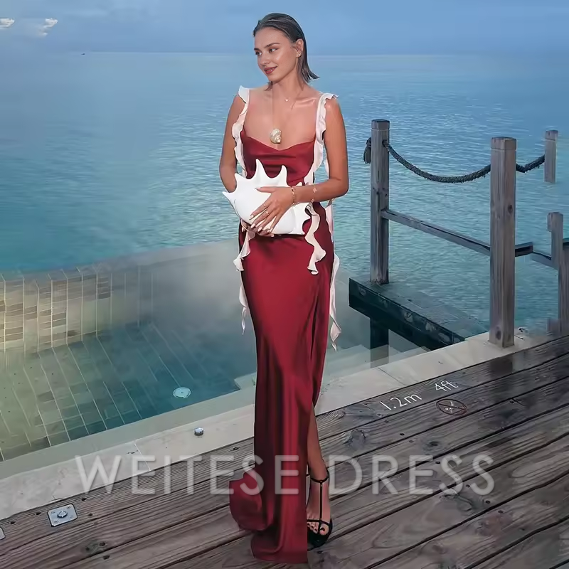 Weitese Dress Fashion Spliced Contrast Ribbon Satin Dress For Women Sexy Backless Sleeveless Side High Split Maxi Robe Lady Chic Party Prom Dress
