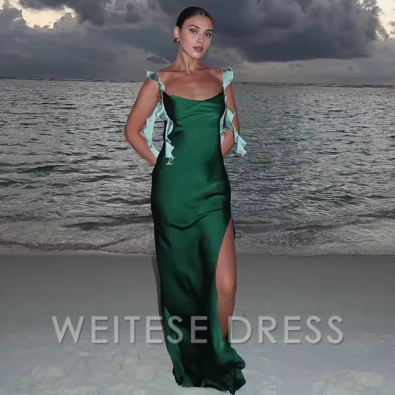Weitese Dress Fashion Spliced Contrast Ribbon Satin Dress For Women Sexy Backless Sleeveless Side High Split Maxi Robe Lady Chic Party Prom Dress