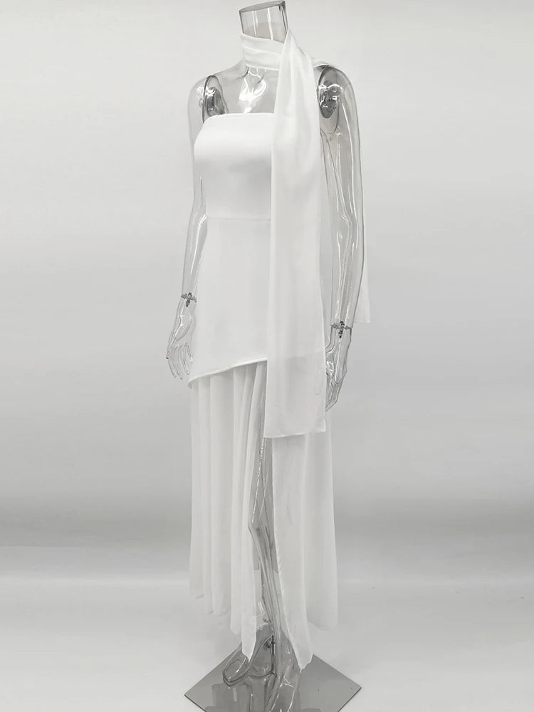 Weitese Dress Fashion Strapless Dress With Ribbon Female Elegant Sleeveless Beach Vacation Long Dress Spring New Women Prom Dress