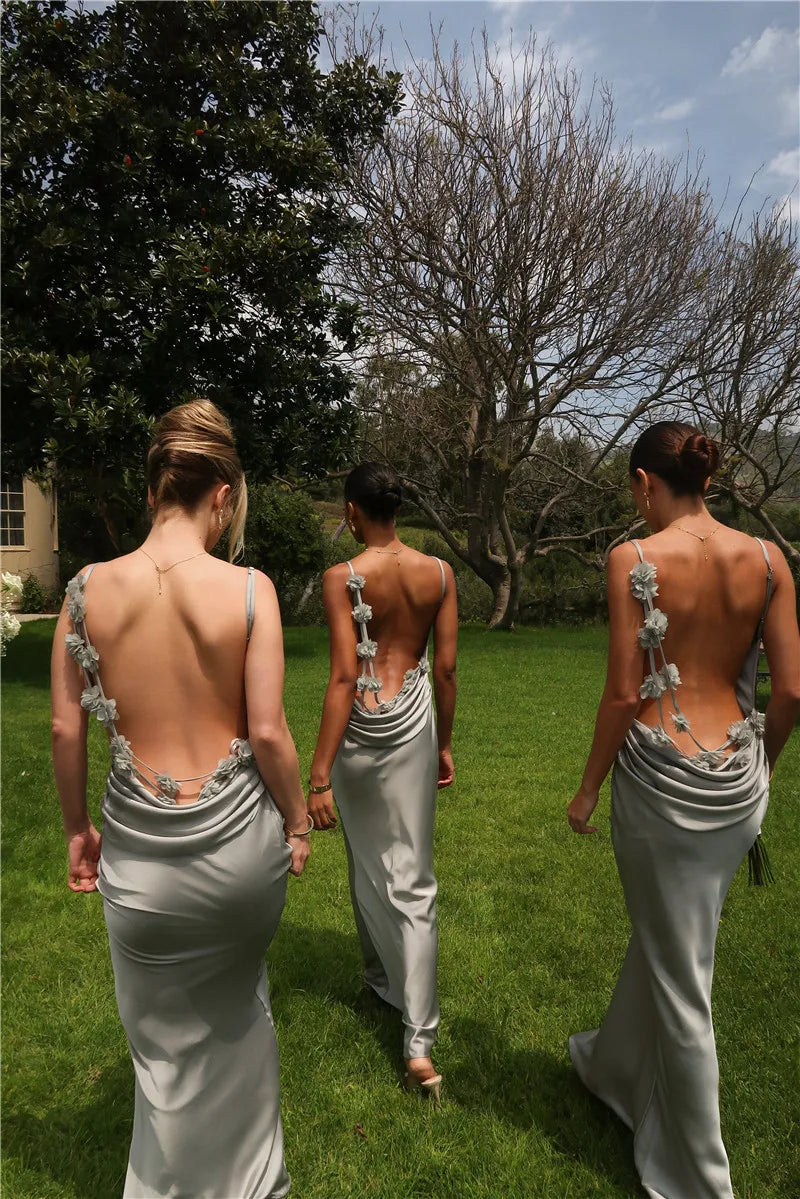 Weitese Dress Floral Draped Open Back Spaghetti Strap Maxi Dress Bridesmaid Dress Party Dress Sleeveless Floor Length Prom Dress