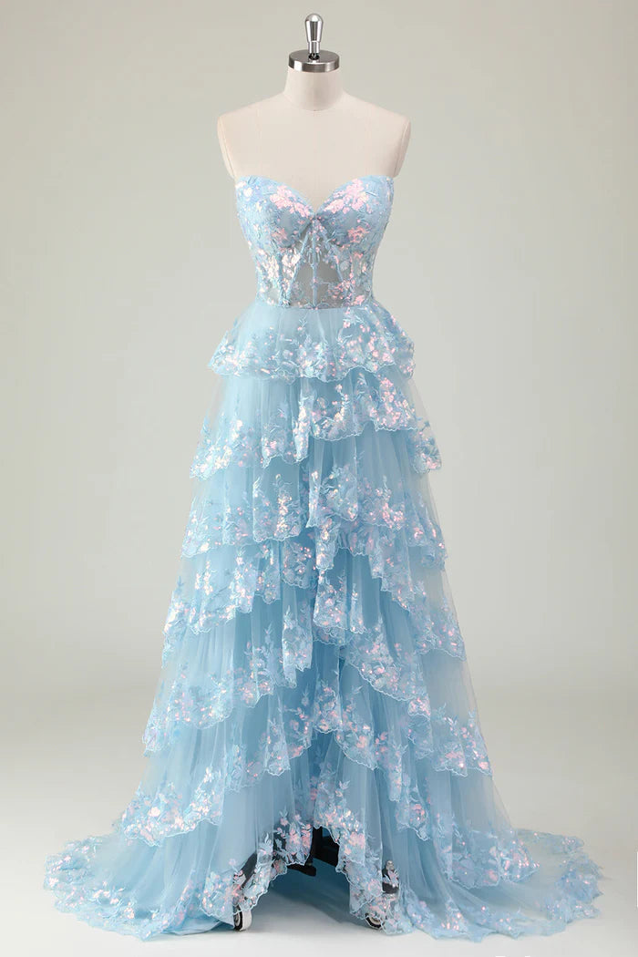 Robe Weitese bleu pailleté, coupe trapèze, bustier, corset, robe longue à volants, robe de bal avec paillettes, robe de soirée 