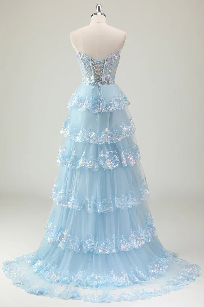 Robe Weitese bleu pailleté, coupe trapèze, bustier, corset, robe longue à volants, robe de bal avec paillettes, robe de soirée 
