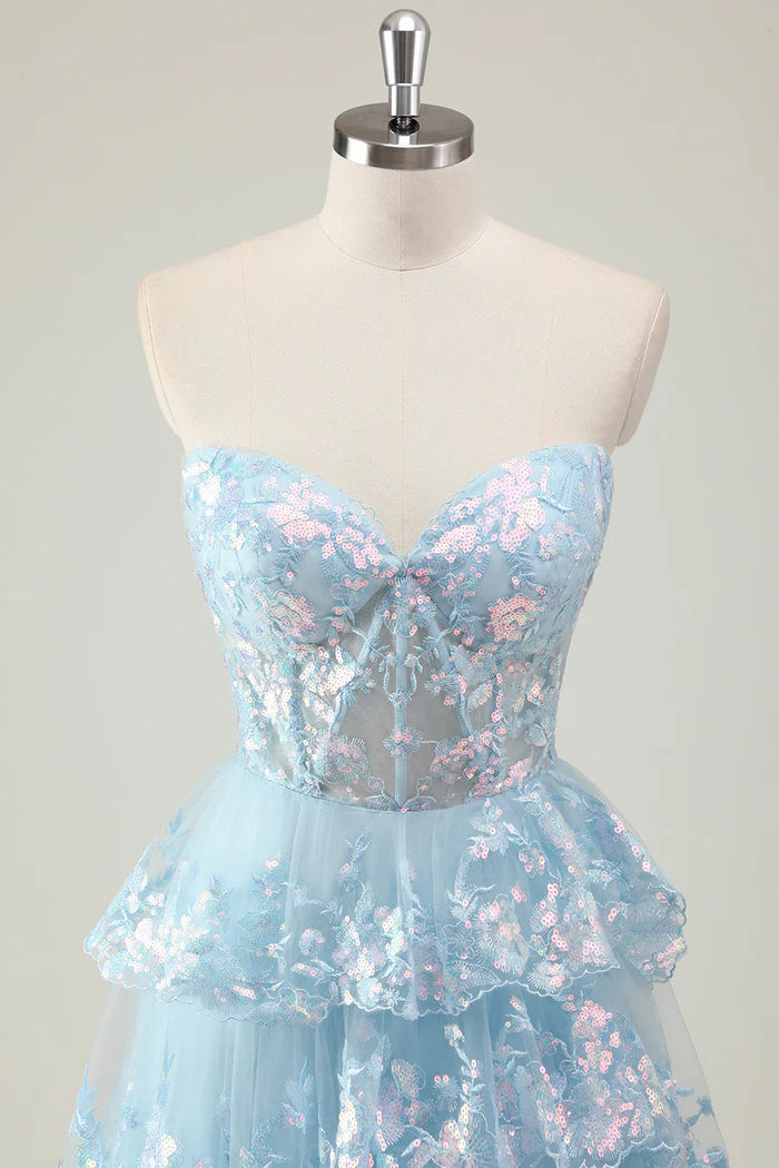 Robe Weitese bleu pailleté, coupe trapèze, bustier, corset, robe longue à volants, robe de bal avec paillettes, robe de soirée 