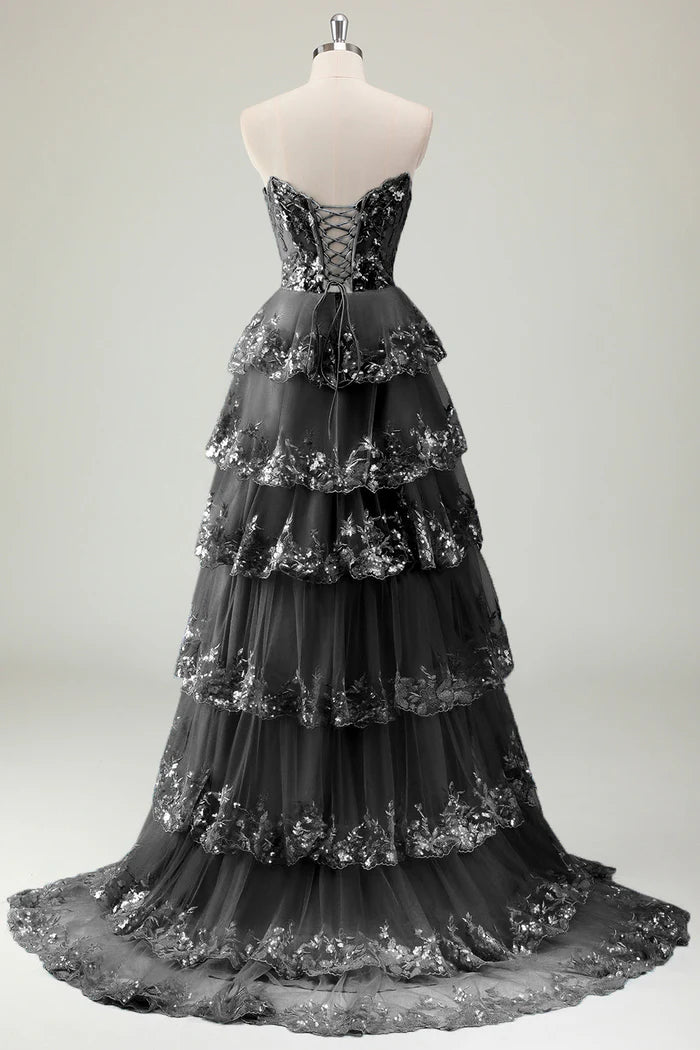 Robe Weitese bleu pailleté, coupe trapèze, bustier, corset, robe longue à volants, robe de bal avec paillettes, robe de soirée 