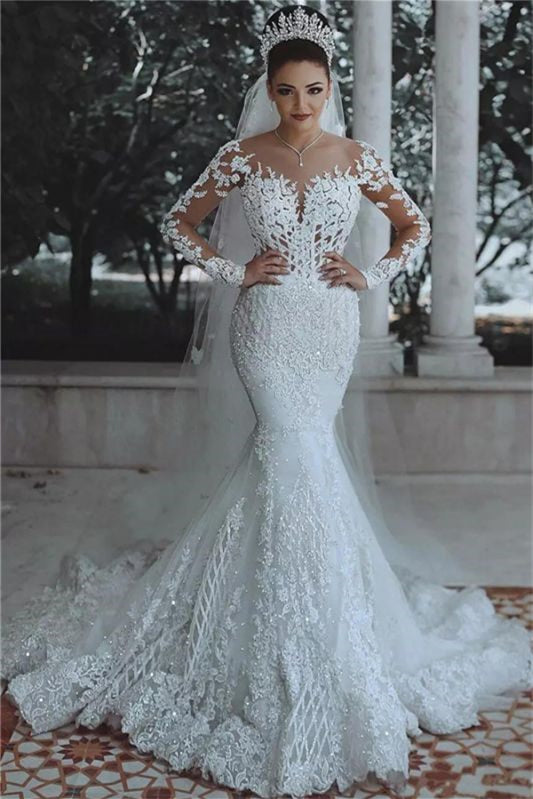 Weitese Dress Gorgeous Mermaid Long Sleeves Watteau Train Wedding Dress With Lace Appliques Bride Dress