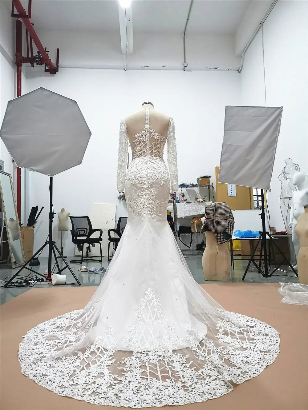 Weitese Dress Gorgeous Mermaid Long Sleeves Watteau Train Wedding Dress With Lace Appliques Bride Dress