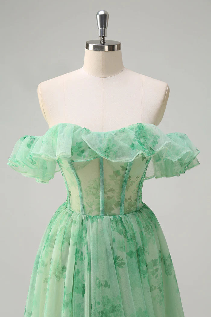 Vestido Weitese verde de corte A con hombros descubiertos, corsé, estampado con volantes, vestido de fiesta, vestido largo sin mangas con abertura, vestido de graduación 