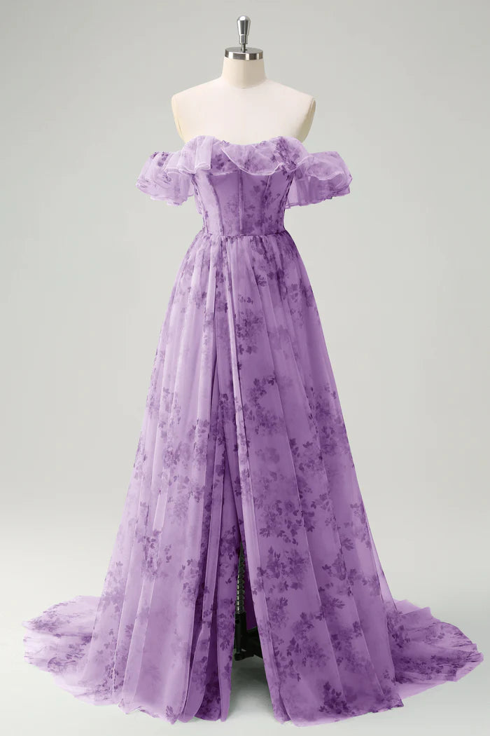 Vestido Weitese verde de corte A con hombros descubiertos, corsé, estampado con volantes, vestido de fiesta, vestido largo sin mangas con abertura, vestido de graduación 