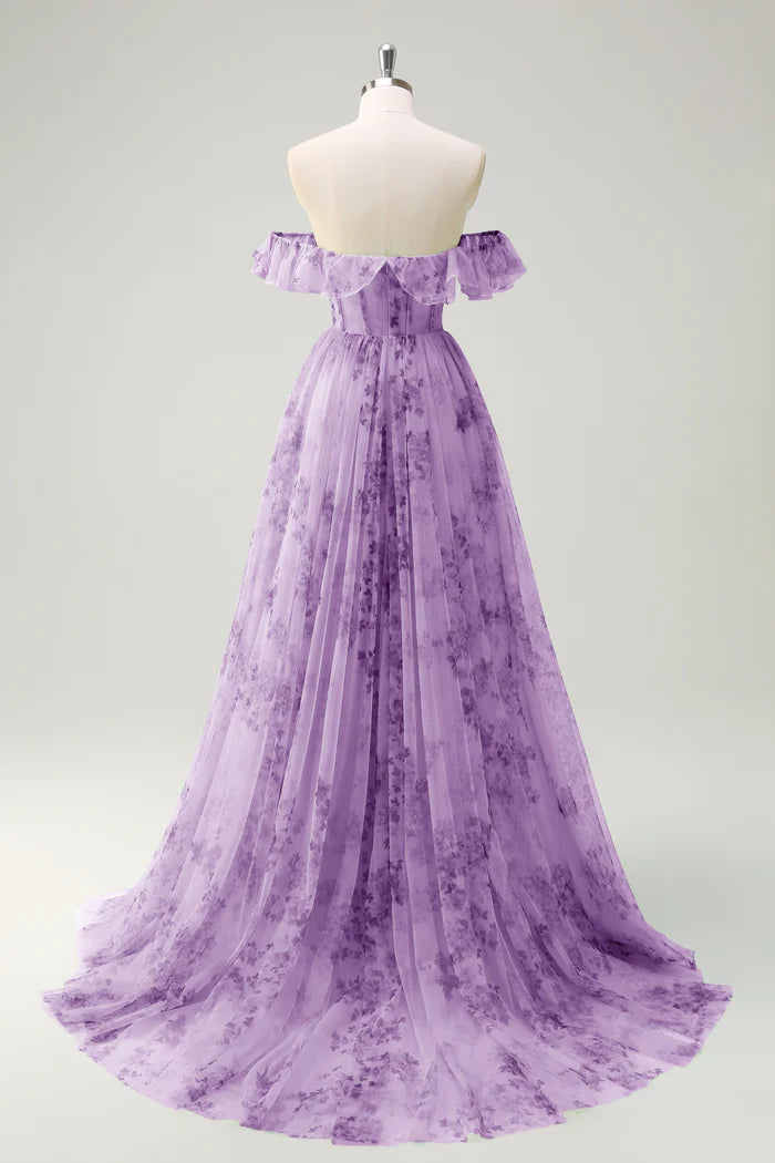 Vestido Weitese verde de corte A con hombros descubiertos, corsé, estampado con volantes, vestido de fiesta, vestido largo sin mangas con abertura, vestido de graduación 