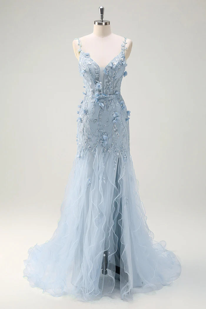 Weitese Dress Green Mermaid Spaghetti Straps 3D Flowers Party Dress Maxi Dress Sleeveless With Slit Prom Dress