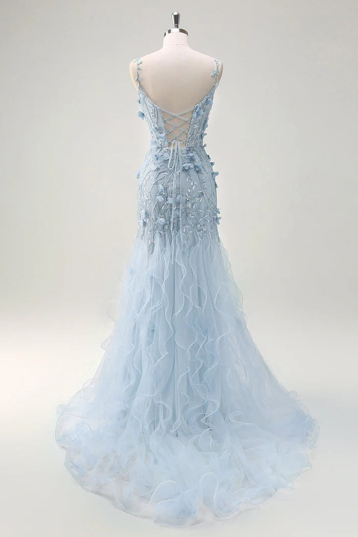 Weitese Dress Green Mermaid Spaghetti Straps 3D Flowers Party Dress Maxi Dress Sleeveless With Slit Prom Dress