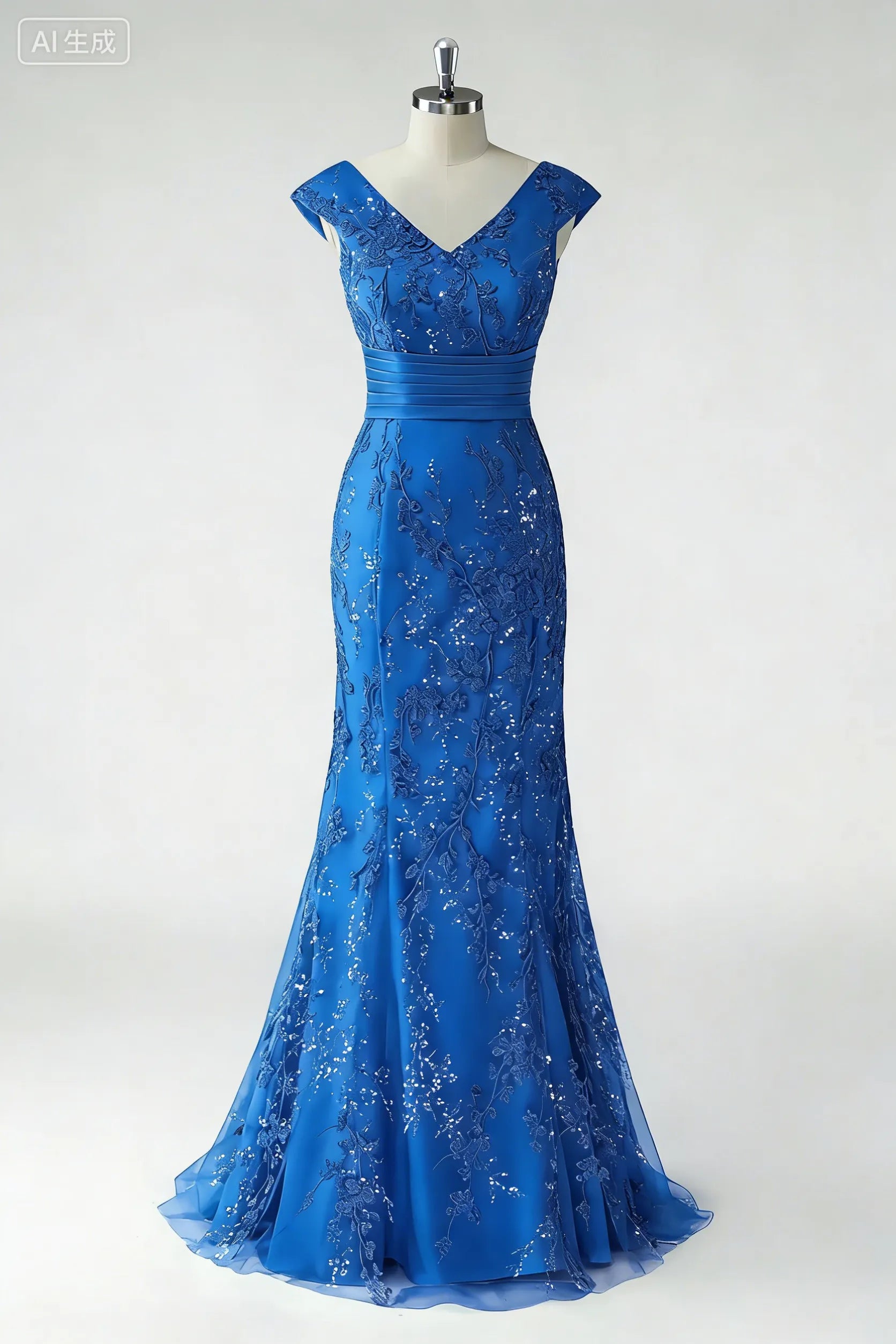 Weitese Dress Green V-Neck Mermaid Sequins Cap Sleeves Maxi Dress Prom Dress With Appliques Evening Dress