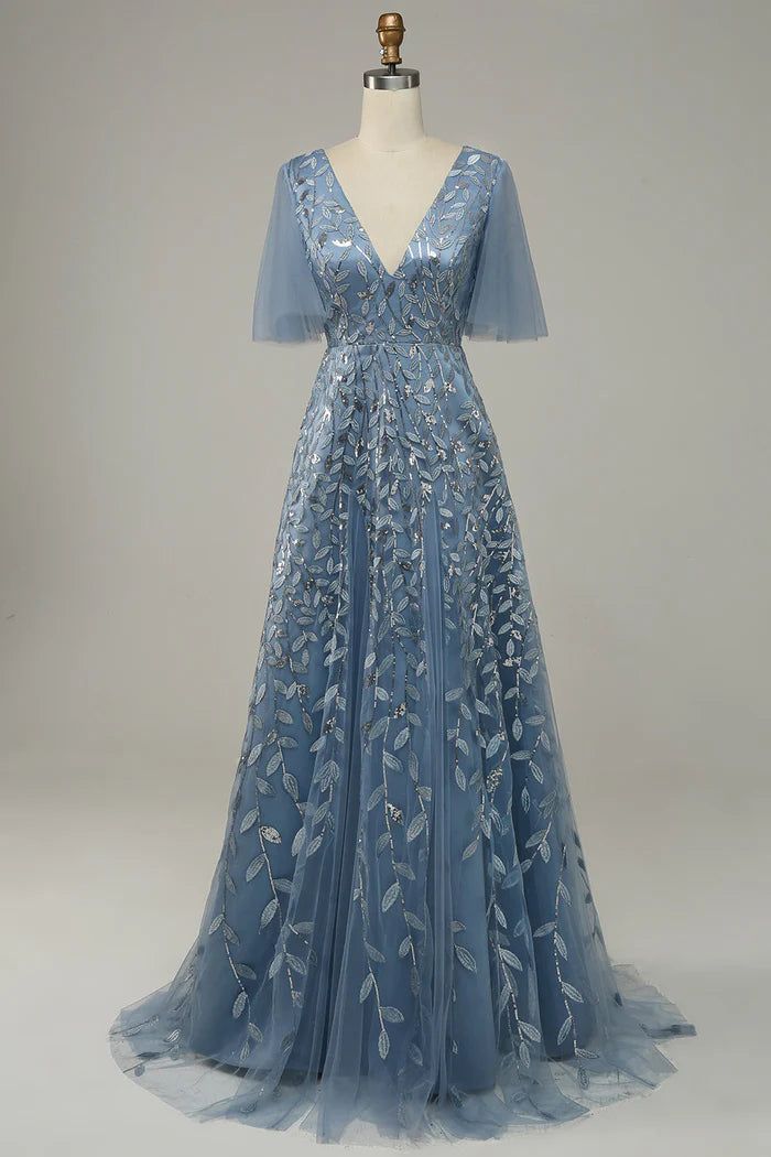 Weitese Dress Grey Blue Tulle Embroidered Leaves Party Dress A-Line V Neck Prom Dress