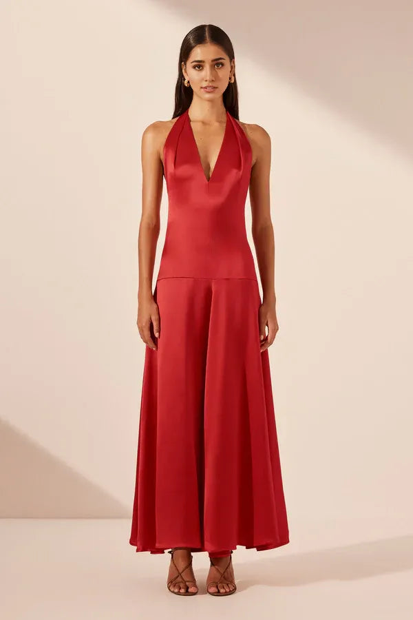 Vestido Weitese con cuello halter, espalda abierta, escote en V, corte A, largo hasta el suelo, vestido de fiesta rojo, vestido de noche 