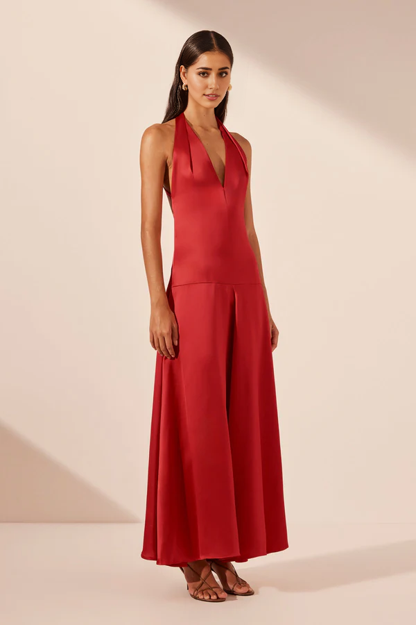 Weitese Dress Halter Open Back V Neck A-line Maxi Dress Red Floor Length Party Dress Evening Dress