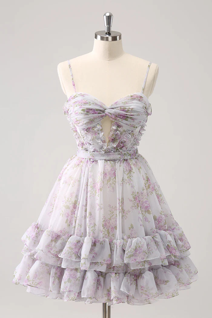 Weitese Dress Lilac A-Line Floral Prints Ruffled Tiered Tulle Homecoming Dress Spaghetti Straps Ruched Party Dress