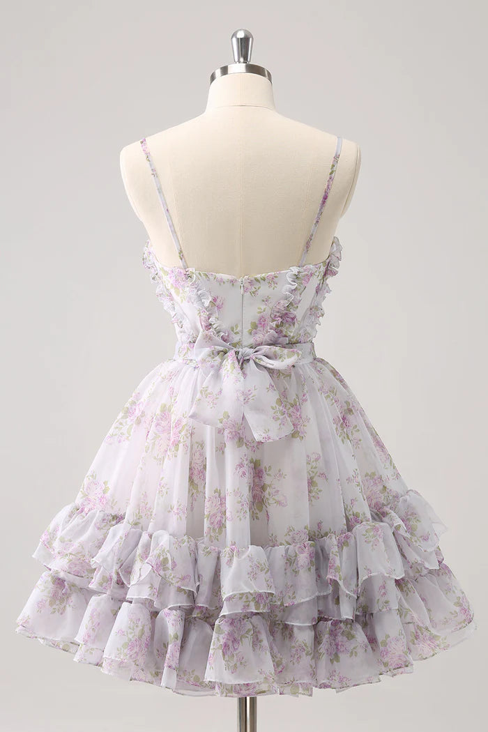 Weitese Dress Lilac A-Line Floral Prints Ruffled Tiered Tulle Homecoming Dress Spaghetti Straps Ruched Party Dress