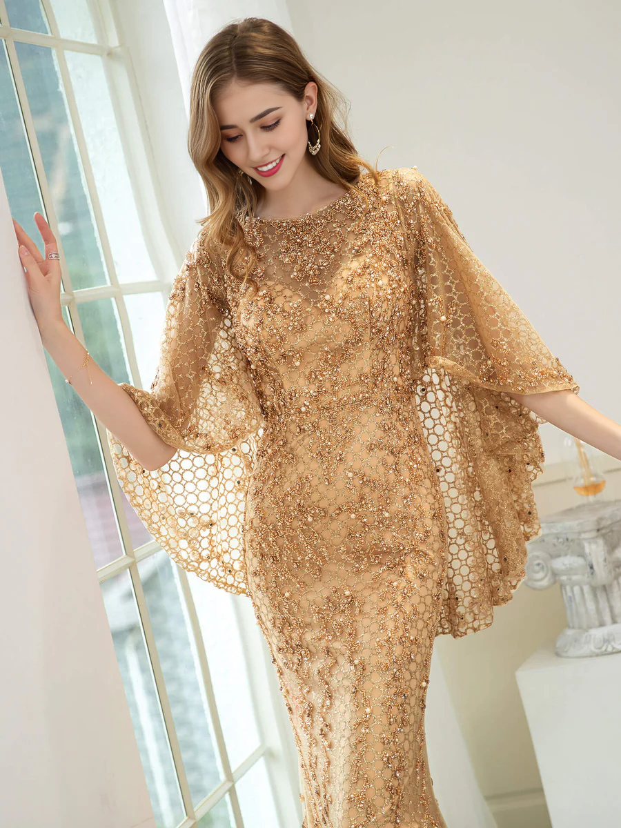 Weitese Dress Mermaid  Trumpet Beaded Luxurious Fashion Formal Evening Dresses Long Sleeve Floor Length Prom Dresses Party Dress
