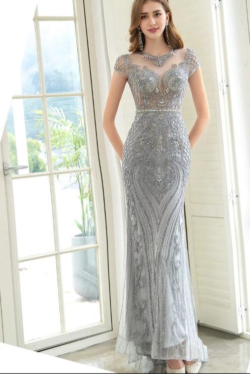 Vestido Weitese de sirena con corte trompeta y cuentas, lujoso y sexy, formal, de noche, con mangas cortas y largo hasta el suelo, para fiesta. 