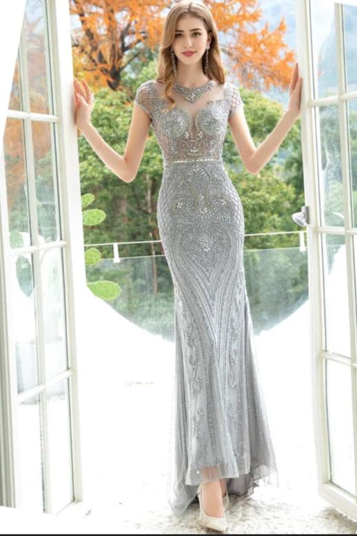Weitese Dress Mermaid  Trumpet Beaded Luxurious Sexy Formal Evening Dresses Cap Sleeves Floor Length Party Dress